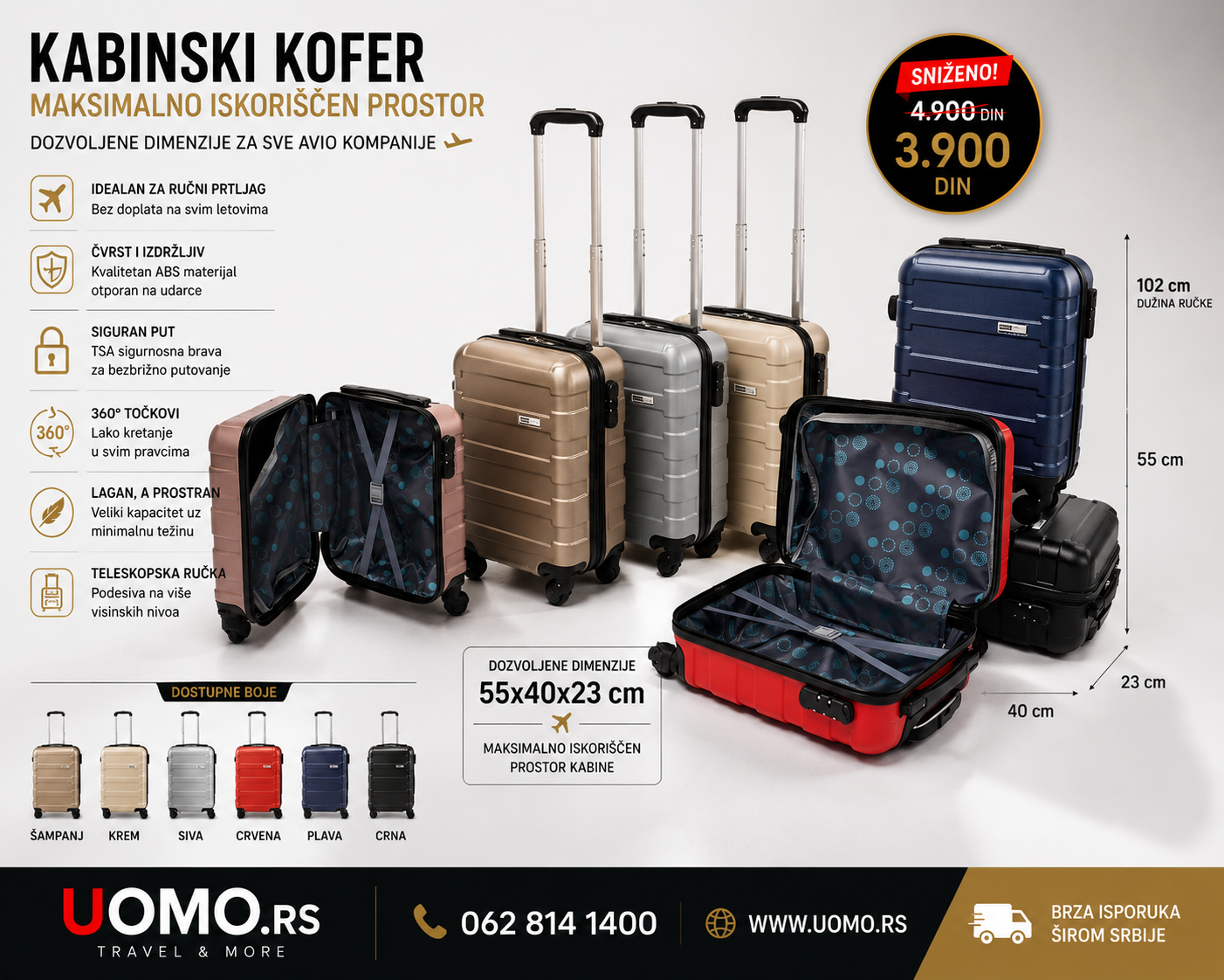 ChatGPT Image 6. јул 2026. 05_30_12 Kabinski kofer 55x40x23 cm UOMOTRAVEL – Plastični kofer za ručni prtljag - Slika 1